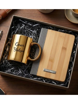 vegahediye v vega Kişiye Özel Isim Baskılı Gold Renk Parlak Kupa & Kişiye Özel Bambu Desenli Defter Hediye Seti