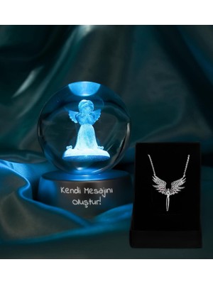 vegahediye v vega Kişiye Özel Mesajlı 3D Melek Temalı Renk Değiştiren Işıklı Kristal Küre Gece Lambası & Mikail Melek Kolye Hediye Seti