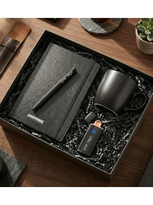 vegahediye v vega Kişiye Özel Dokunmatik Siyah USB Çakmak & Roller Kalem & Siyah Defter & Siyah Kupa Premium Hediye Seti