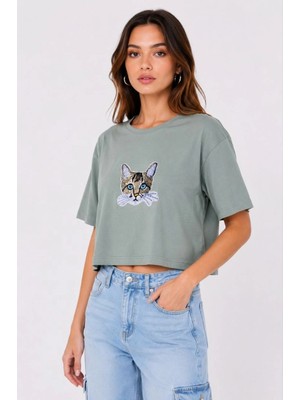 Alfanora Kadın Kedi Baskılı Oversize Crop Tişört Salaş Basic Yarım Kol T-Shirt - Mint Yeşili