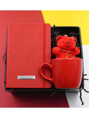 vegahediye v vega Kişiye Özel Tasarım Kırmızı Defter, Kırmızı Kupa ve Peluş Ayıcık Hediye Seti