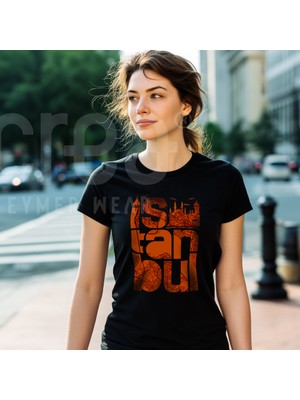 Creaeymer Istanbul Oranj Tasarımlı Bisiklet Yaka Siyah Tişört - Unisex