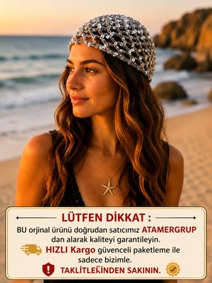 Atamer Grup ✨ El Yapımı Pullu Örgü Bone / Saç Filesi – Gümüş Renk Işıltılı Yazlık Plaj ve Festival Aksesuarı