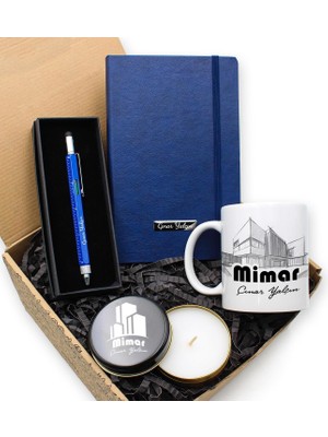 vegahediye v vega Kişiye Özel Mimar Kupa & Mavi Mimar Kalemi & Mavi Defter & Metal Mimar Mum Hediye Seti