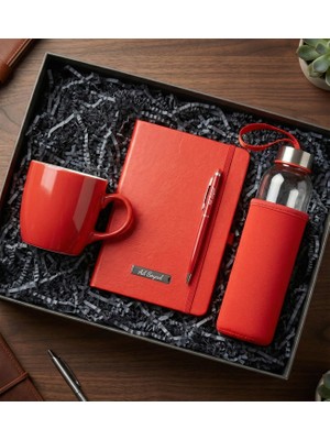 vegahediye v vega Kişisel Ofis Kutusu (Kişiye Özel Defter & Touchpen Kalem & Kılıflı Cam Matara & Kupa Bardak Ofis Hediye Seti) (Kırmızı)