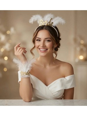 Dodomar Bride Incili Tüylü Gold Taç ve Bileklik Seti Bekarlığa Veda Kına Gecesi Aksesuarı