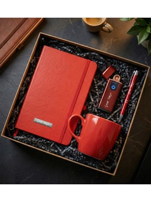 vegahediye v vega Kişiye Özel USB Çakmak & Defter & Kupa & Kalem Premium Hediye Seti Kırmızı