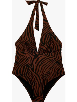 Koton Boyundan Bağlamalı Zebra Desenli Halter Yaka Mayo