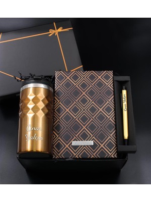 vegahediye v vega Kişiye Özel Gold Geometrik Termos & Gold Kareli Defter & Gold Kalem - Ofis Hediye Seti