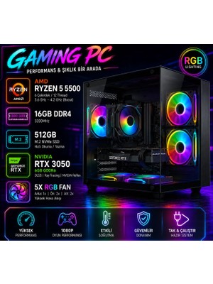 Apphirex Blood X05 Ryzen 5 5500 16GB Ram 512GB M2 SSD RTX3050 Masaüstü Oyun Bilgisayarı