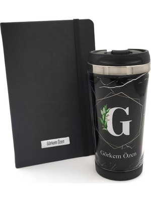 vegahediye v vega Kişiye Özel Tasarım Mermer Desenli Çelik Termos & Kişiye Özel Siyah Defter Hediye Seti (Model 1)