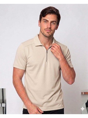 Beystil Erkek Kemik Rengi Slim Fit Yarım Fermuarlı T-Şhirt 263471