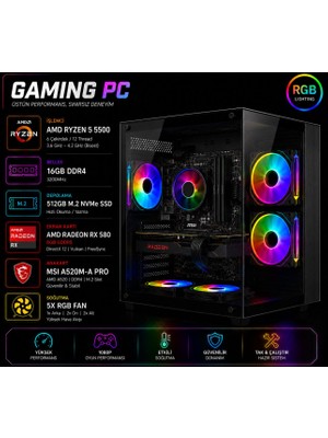 Apphirex Blood X85 Ryzen 5 5500 16GB Ram 512GB M2 SSD RX580 8gb Masaüstü Oyun Bilgisayarı