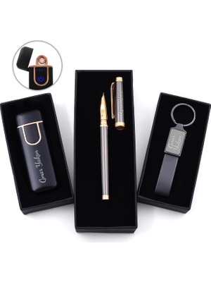 vegahediye v vega vegahediye vega Kişiye Özel Füme Dolma Kalem & Siyah USB Şarjlı Çakmak & Anahtarlık Hediye Seti