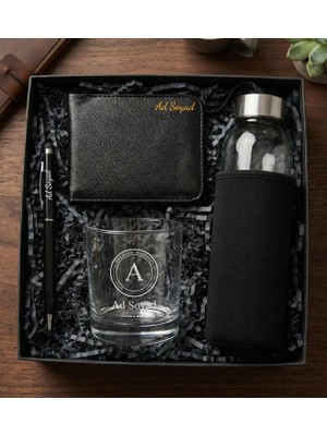 vegahediye v vega Gentleman Prestige Hediye Seti (Kişiye Özel Isim Baskılı Viski Kadehi & Erkek Cüzdan & Touchpen Kalem & Kılıflı Cam Matara Hediye Seti) (Siyah)