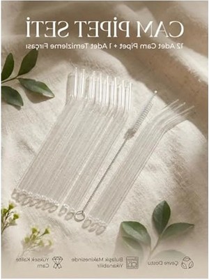 Fadem Store 12'li Şeffaf Cam Pipet Seti, Kalın Cam Pipet ve Temizleme Fırçası ile Birlikte