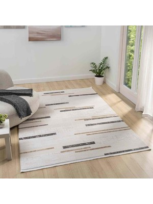 Pera Halı Krem Bej Kahve Yatay Blok Desenli Halı - MK0559GRL