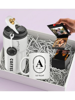 vegahediye v vega Kişiye Özel 9 Fotoğraflı Akordiyon Kutu Albüm & Beyaz Coffee Dereceli Termos 440ML. & Kupa Hediye Seti