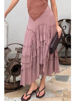 Nana & Mayka Moda Kadın Mürdüm Gofre Fırfırlı Uzun Etek – Astarlı, Iç Göstermez, Yazlık, Volanlı
