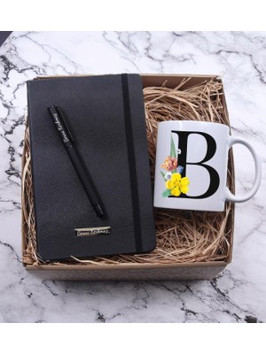 vegahediye v vega Kişiye Özel Ofis Hediye Seti ( Harf Kupa & Siyah Defter & Siyah Roller Kalem )