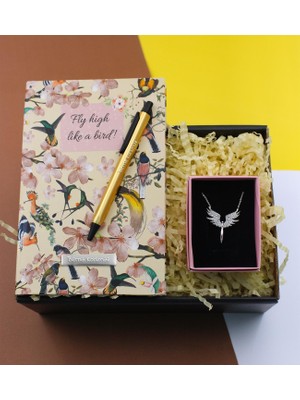 vegahediye v vega Kişiye Özel Tasarım Kuş Desenli Defter, Gold Kalem ve Mikail Melek Kolye Hediye Seti
