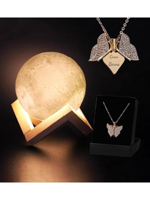vegahediye v vega Kişiye Özel Kelebek Kanat Kolye & Dekoratif Ayaklı 12CM 3D Ay Gece Lambası Hediye Seti (Rose)