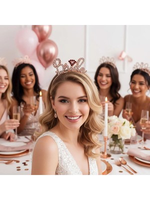 Dodomar Bride Metal Taşlı Lüks El Yazılı Rosegold Taç Bekarlığa Veda Parti Aksesuarı