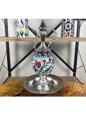 Çini Evi Kırmızı Lale ve Çiçek Motifli Iznik Çini Ibrik Seti