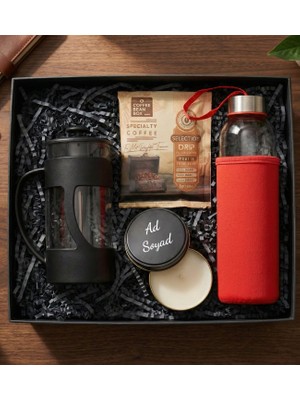 vegahediye v vega Premium French Press Kahve Hediye Kutusu (Kişiye Özel Metal Kutulu Mum & French Press & Kılıflı Cam Matara & Pratik Filtre Kahve Hediye Seti) (Kırmızı)