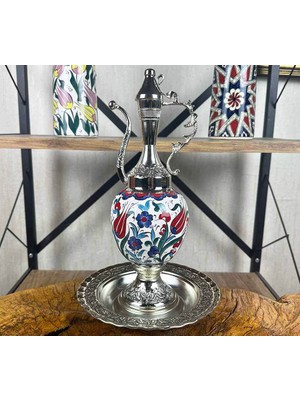 Çini Evi Geleneksel Lale ve Çiçek Motifli Gümüş Kaplama Iznik Çini Ibrik Seti