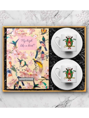 vegahediye v vega Kişiye Özel Kuş Motifli Defter & 2'li Yılbaşı Tasarımlı Türk Kahve Fincanı Hediye Seti