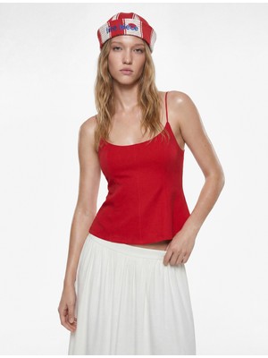 Koton Dikiş Detaylı Viskon Kolsuz Slim Fit Peplum Askılı Bluz