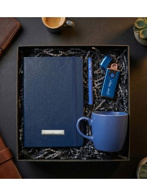 vegahediye v vega Kişiye Özel Kapaklı Mavi USB Çakmak & Mavi Defter & Mavi Kupa Hediye Seti (Model 1)