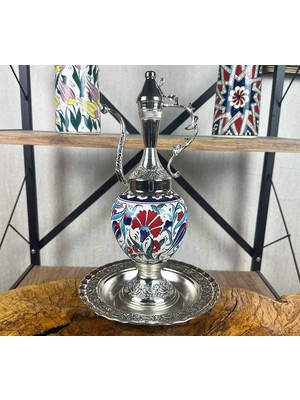 Çini Evi Kırmızı Karanfil Motifli Gümüş Kaplama Iznik Çini Ibrik Seti