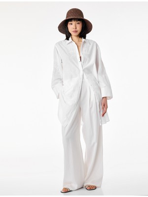 Koton Pamuklu Floral Nakış Detaylı Brodeli 3/4 Kollu Gömlek Yaka Oversize Tunik Elbise