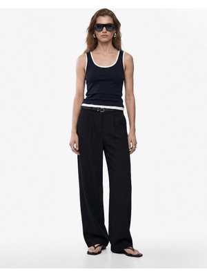 Koton Keten Görünümlü Straight Fit Cepli Kemerli Geniş Paça Palazzo Pantolon