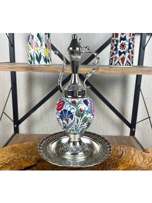 Çini Evi Klasik Bahar Motifli Gümüş Kaplama Çini Ibrik Seti