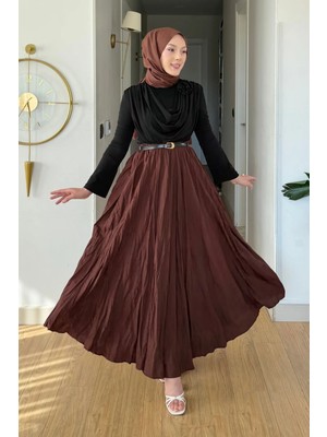 Tesettür Diyarı Kayle Kraş Astarlı Tesettür Etek- Kahverengi Standart Beden (36-46 Uyumlu)