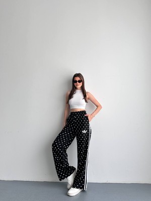 Butik Kadın Puantiyeli Yanı Şeritli Geniş Paça Bol Kesim Pantolon - Bel Lastikli Rahat Kalıp Casual Pantolon