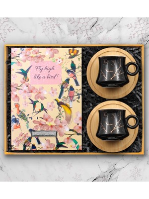 vegahediye v vega Kişiye Özel Kuş Motifli Defter & 2'li Bambu Altlıklı Mermer Desen Siyah Türk Kahve Fincanı Hediye Seti