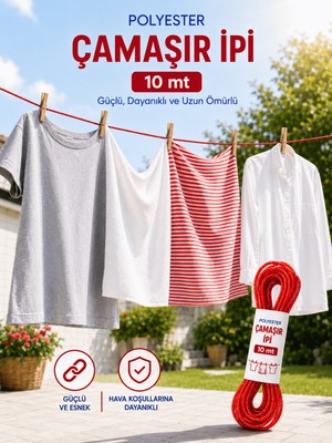 Beylini 2 Adet 10 mt Polyester Çamaşır Ipi Pvc Kaplama Sarkma Yapmaz Balkon Çamaşır Askılığı Çok Amaçlı Kurutma Kırmızı