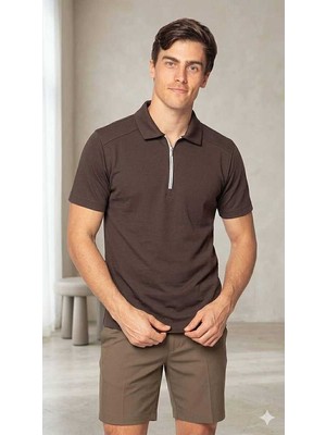 Beystil Erkek Kahve Slim Fit Yarım Fermuarlı T-Şhirt 263471
