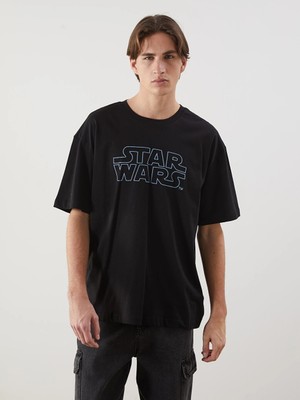 LC Waikiki Siyah Bisiklet Yaka Star Wars Baskılı Penye Erkek Tişört