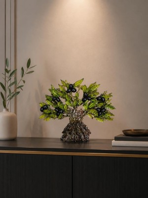 Dekoratif Zeytin Ağacı Biblo 21X26 cm Reçine El Yapımı Siyah Zeytinli Konsol Vitrin Ofis Masa Üstü Ev Dekoru