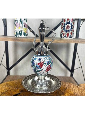 Çini Evi Lale Motifli Gümüş Kaplama Iznik Çini Ibrik Seti