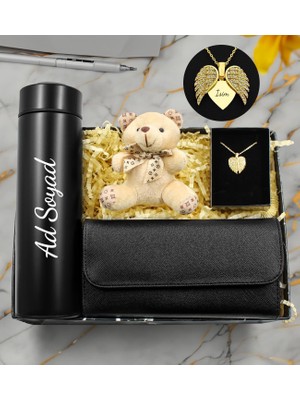 vegahediye v vega Kişiye Özel Dereceli Termos & Isme Özel Açılır Melek Kanat Kolye & Kadın Cüzdan & Mini Peluş Ayıcık Hediye Seti