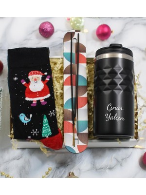 vegahediye v vega Kişiye Özel Siyah Geometrik Termos & Tütsü & Çorap Yılbaşı Noel Hediye Seti