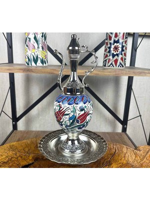 Çini Evi Klasik Kırmızı Lale Desenli Gümüş Kaplama Çini Ibrik Seti