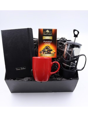 vegahediye v vega Kişiye Özel Siyah Defter & Kırmızı Kupa & Siyah French Press & Portakal Çiçeği Bitki Çayı Hediye Seti