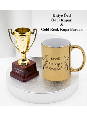 vegahediye v vega Kişiye Özel Baskılı Ödül Kupası & Gold Renk Parlak Kupa Bardak Hediye Seti